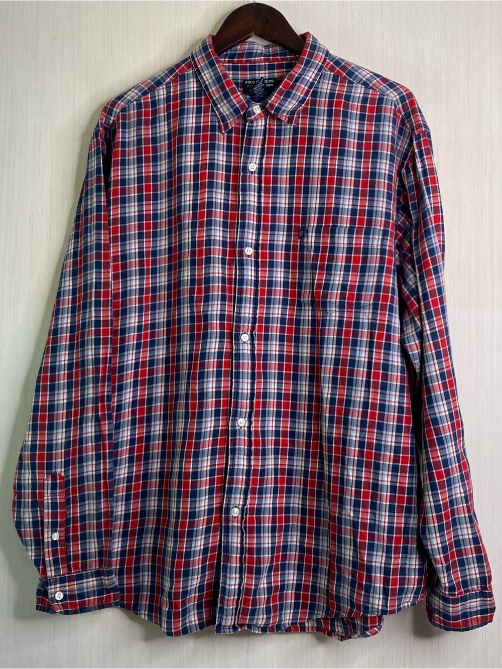 Polo Jean Co. Ralph Lauren Men's Red/White/Blue Plaid Flannel Button-Up Shirt XL
